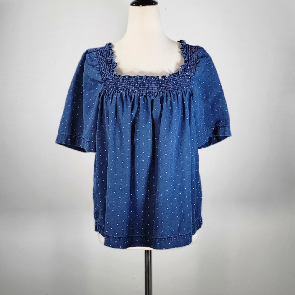 MADEWELL Indigo Square-Neck Smock Top in Rainbow Heart Sz M